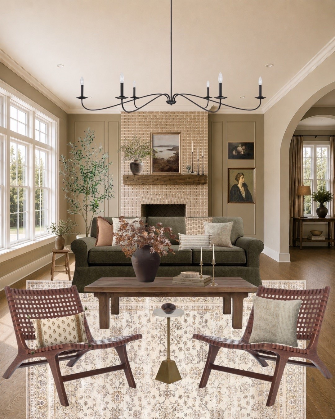 I think some of the best rooms are the ones that don't feel like they were decorated in a weekend.

They have a little contrast. A little history. A few pieces that catch your eye without competing for attention. That's what I was going for with this living room.

I wanted the room to have a little more depth than an all-neutral space. The olive sofa brings in just enough color to keep everything from feeling flat, while the warmer wood tones and vintage-inspired pieces help the room feel comfortable instead of overly polished. It's the kind of space that feels finished but still like there's room for your life to happen in it.

I've linked everything from this design below so you can recreate this look in your own home.

If you're trying to create a home that feels more like you but aren't sure how to pull it all together, that's exactly what I help clients do through my virtual home design and styling services. Comment below to learn more. And if you’re in need of more home design and styling inspiration, hit that follow button to come back for more.

#LTKHome