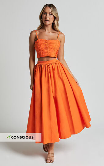 Astrid Two Piece Set - Ruched Chest Top and Midi Skirt Set in Orange | Showpo (US, UK & Europe)