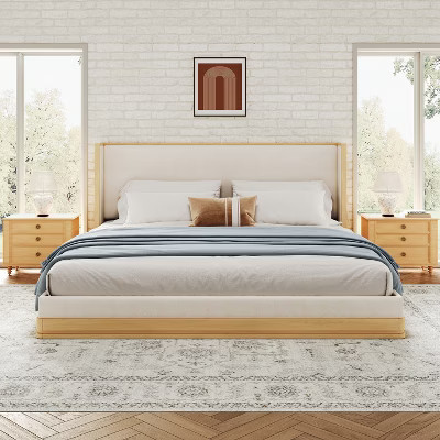 Christopher Knight Home Joriel Mid-Century Modern Chenille Upholstered Platform Bed, Beige/Natural, King | Target