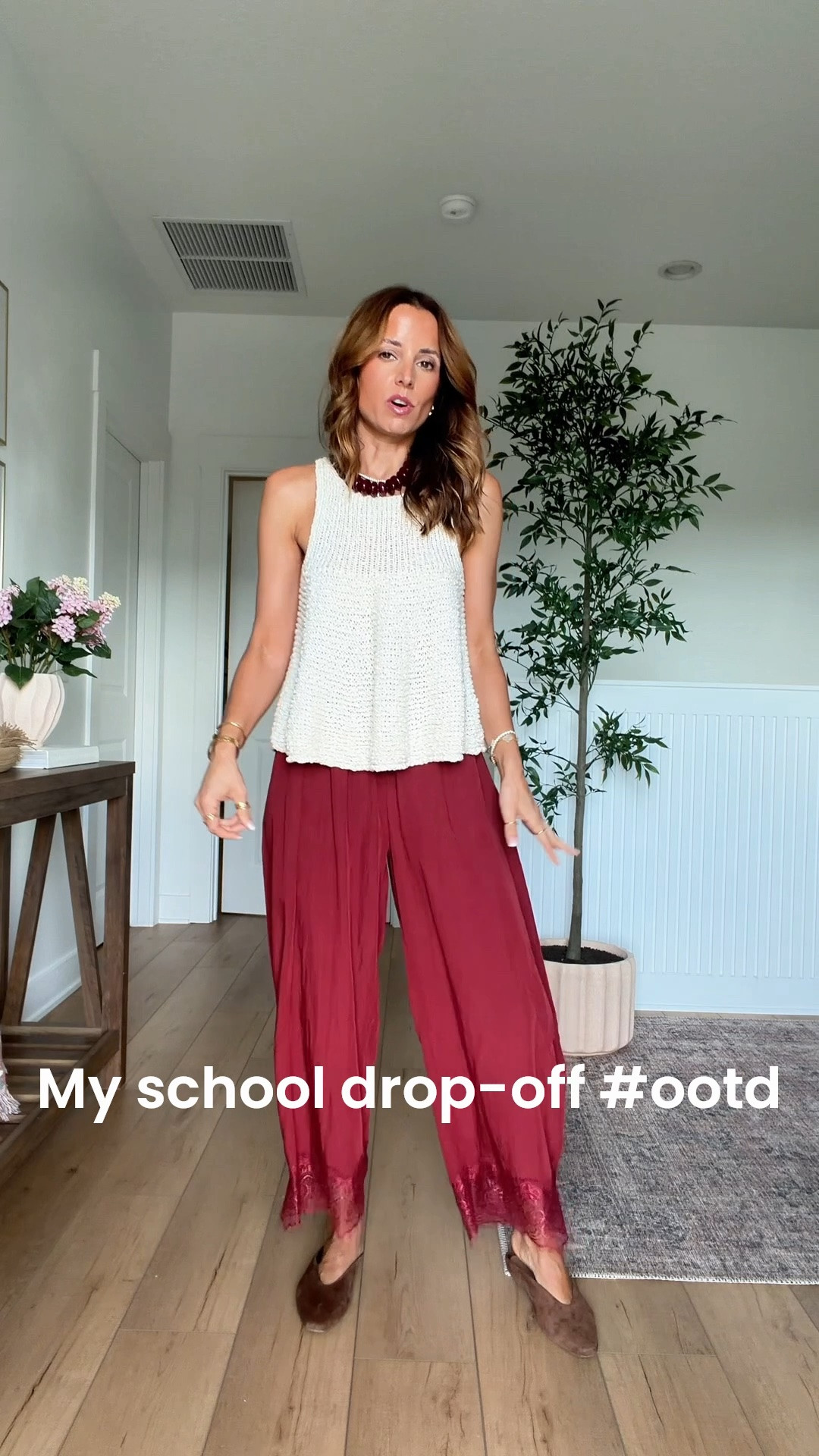 My school drop-off outfit of the day! Elevated casual outfit. Mom outfit. Fall outfit. Fall style. Sweater tank in XXS. Lace crop pants in XS with adjustable drawstring waist. Fall mules are TTS and designer-inspired! Anthropologie beaded necklace.

#LTKootd #LTKmomlife #LTKSeasonal