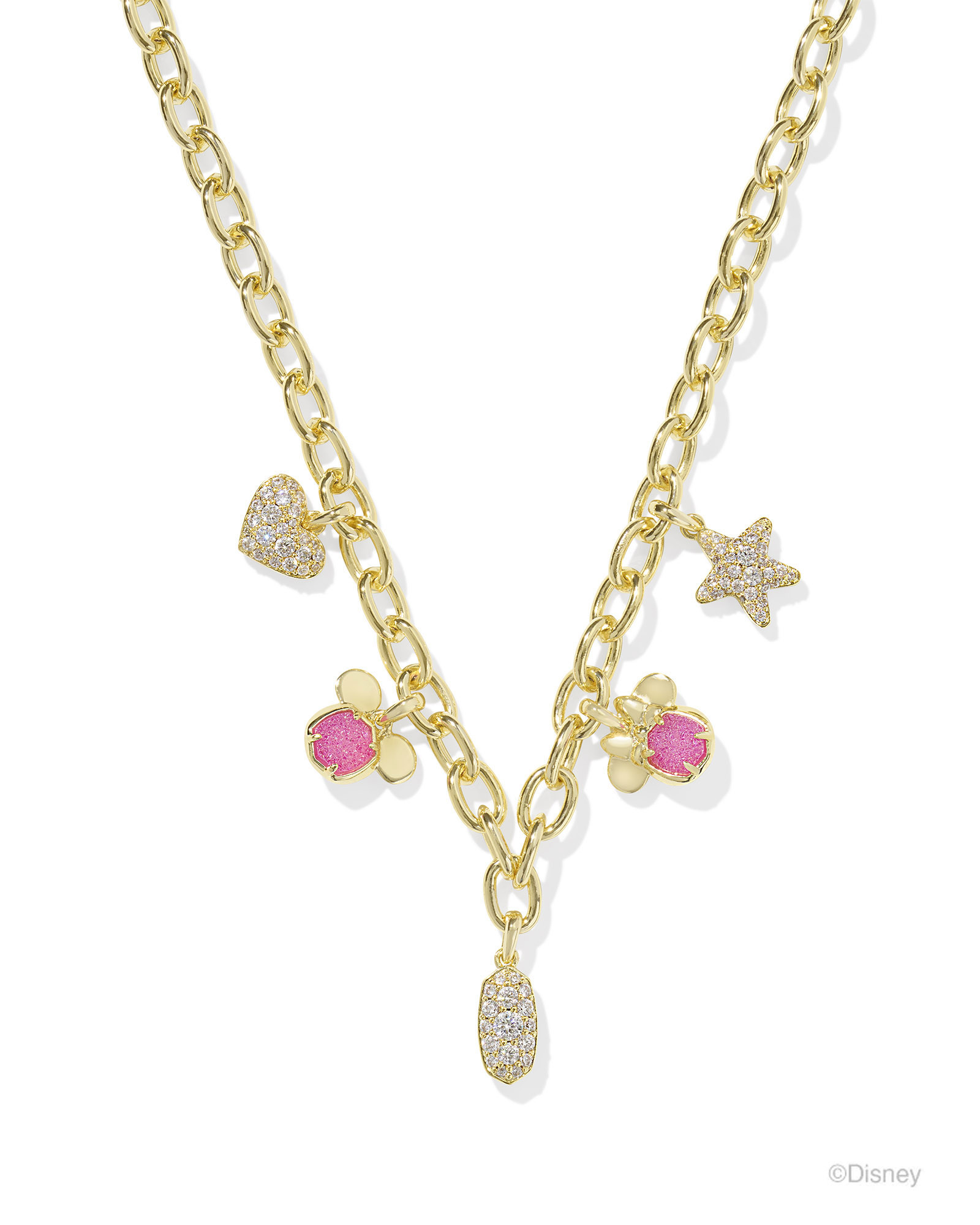 Disney | Kendra Scott Gold Mickey Mouse and Minnie Mouse Charm Necklace in Pink White Mix | Kendra Scott