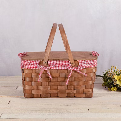 Picnic Time Kansas Handwoven Wood Picnic Basket with Red and White Gingham Pattern | Target