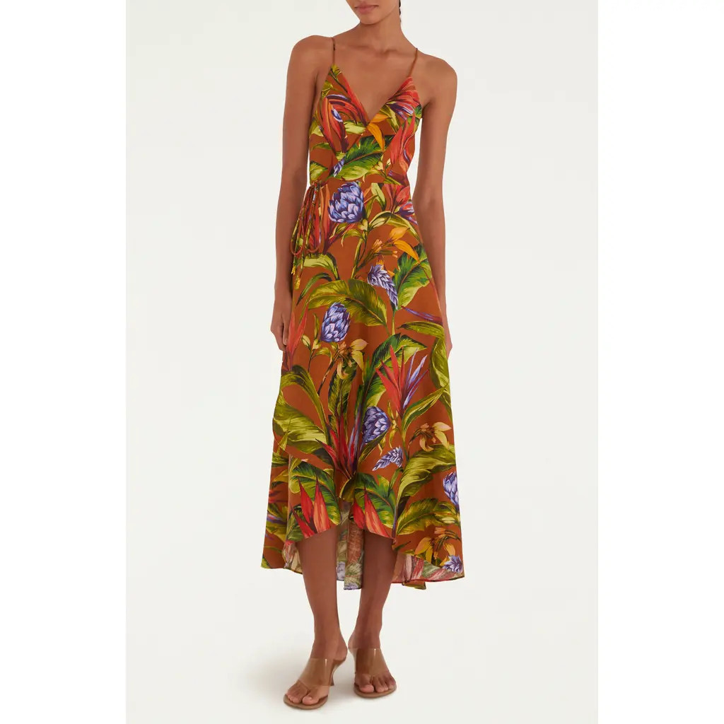 FARM Rio Floral Linen Wrap Dress in Brown at Nordstrom, Size Xx-Small | Nordstrom