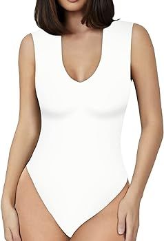 MANGOPOP Double Lined Sleeveless V Neck Tank Tops Fashion Bodysuits for Women | Amazon (US)
