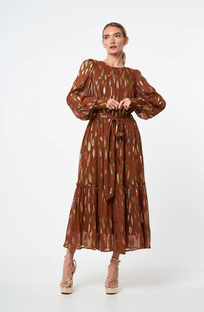 Eryn Metallic Print Tie Waist Long Sleeve Maxi Dress | Nordstrom