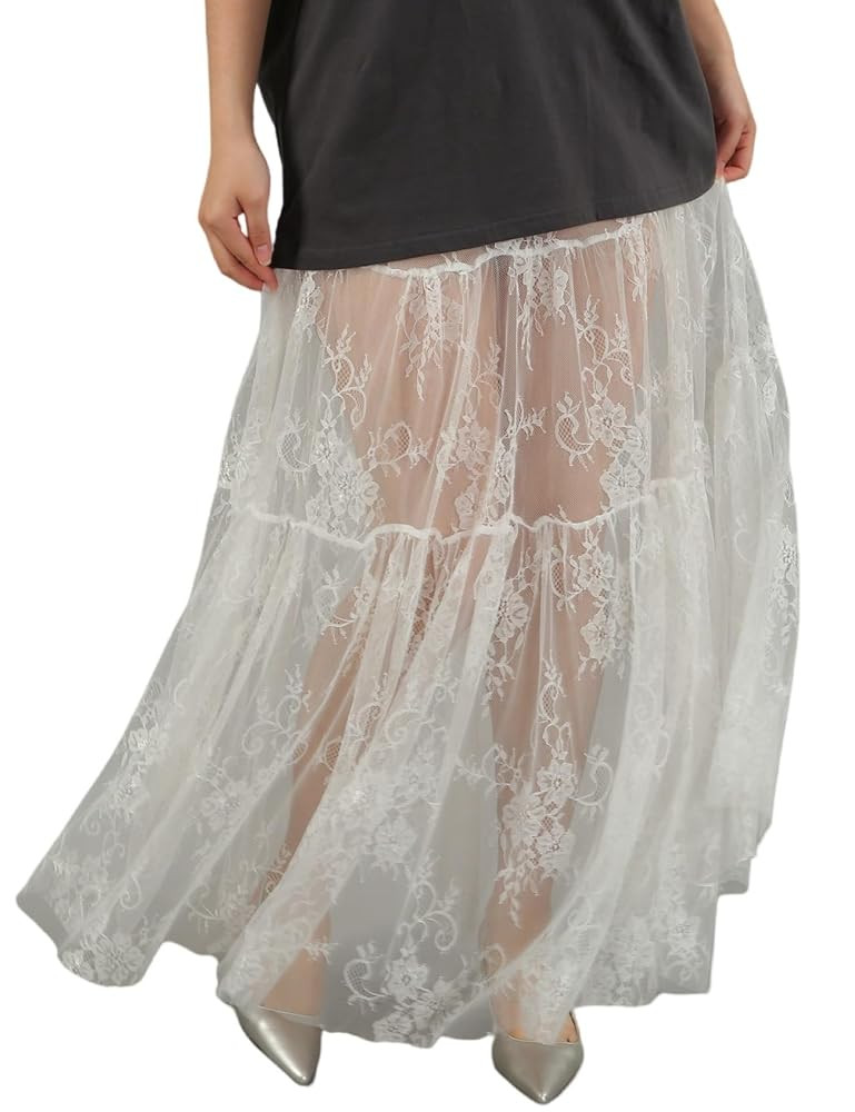 Perbai Women's Sexy Sheer Lace Skirt High Waisted Floral Embroidered Ruffled A Line Long Maxi Bea... | Amazon (US)
