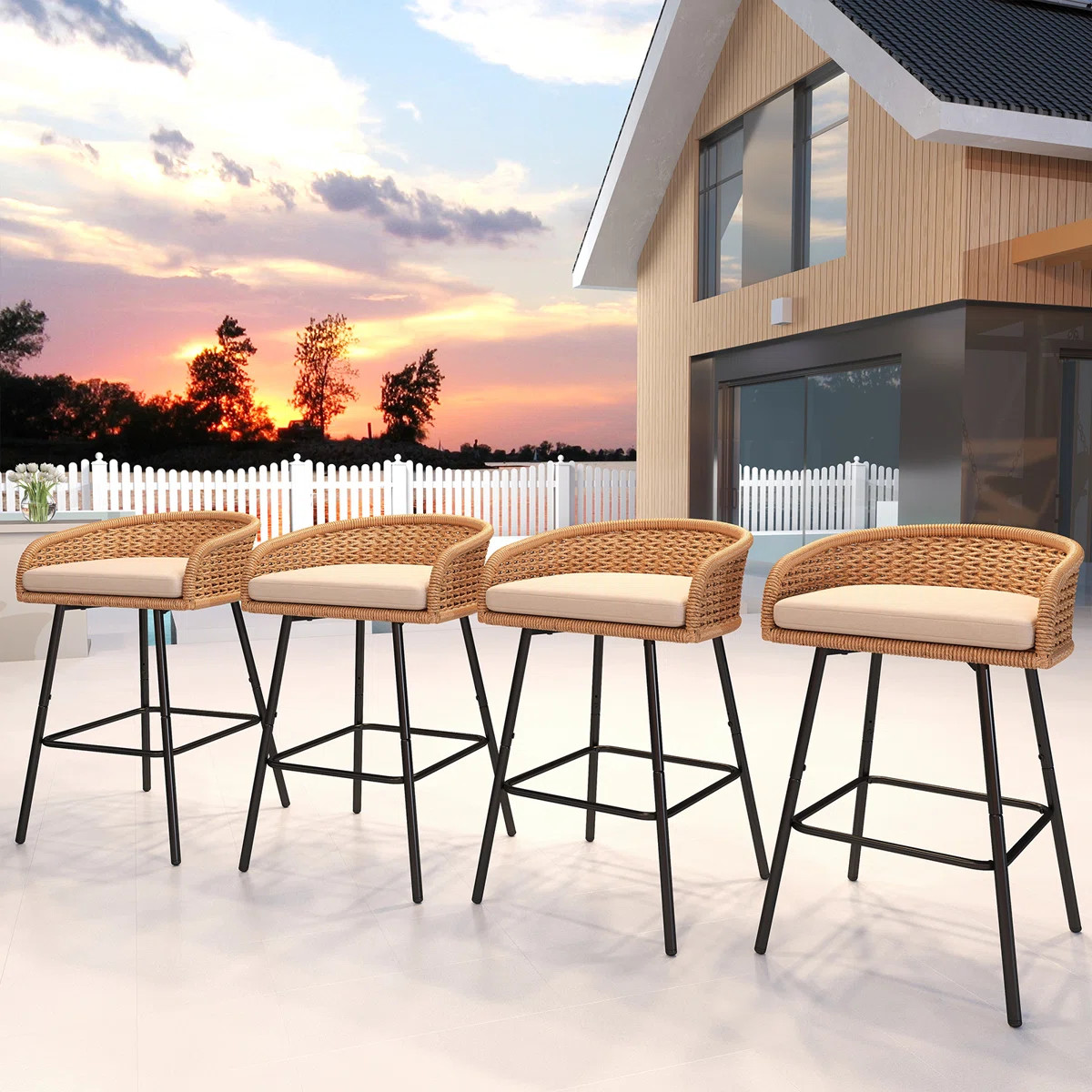 Outdoor Upholstered Bar Stools With Removable Cushions Woven Counter Stools, Bar Height Patio Cha... | Wayfair North America