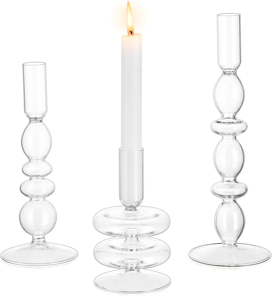 Glasseam Glass Candle Stick Holder: Clear Taper Candle Holders Set of 3, Modern Candlestick Holde... | Amazon (US)