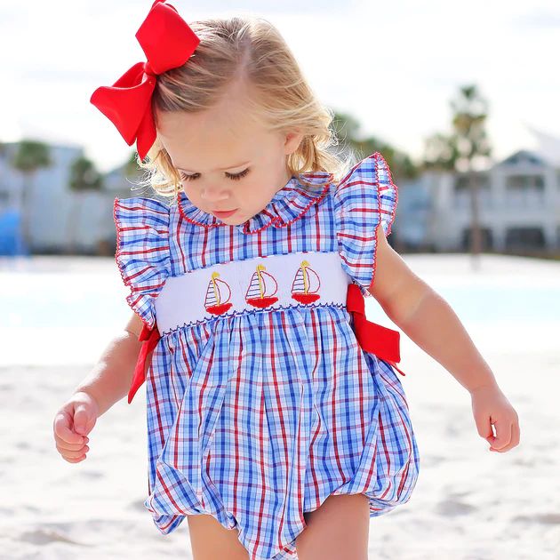 Smocked Sailboats Beverly Plaid Bubble | Classic Whimsy