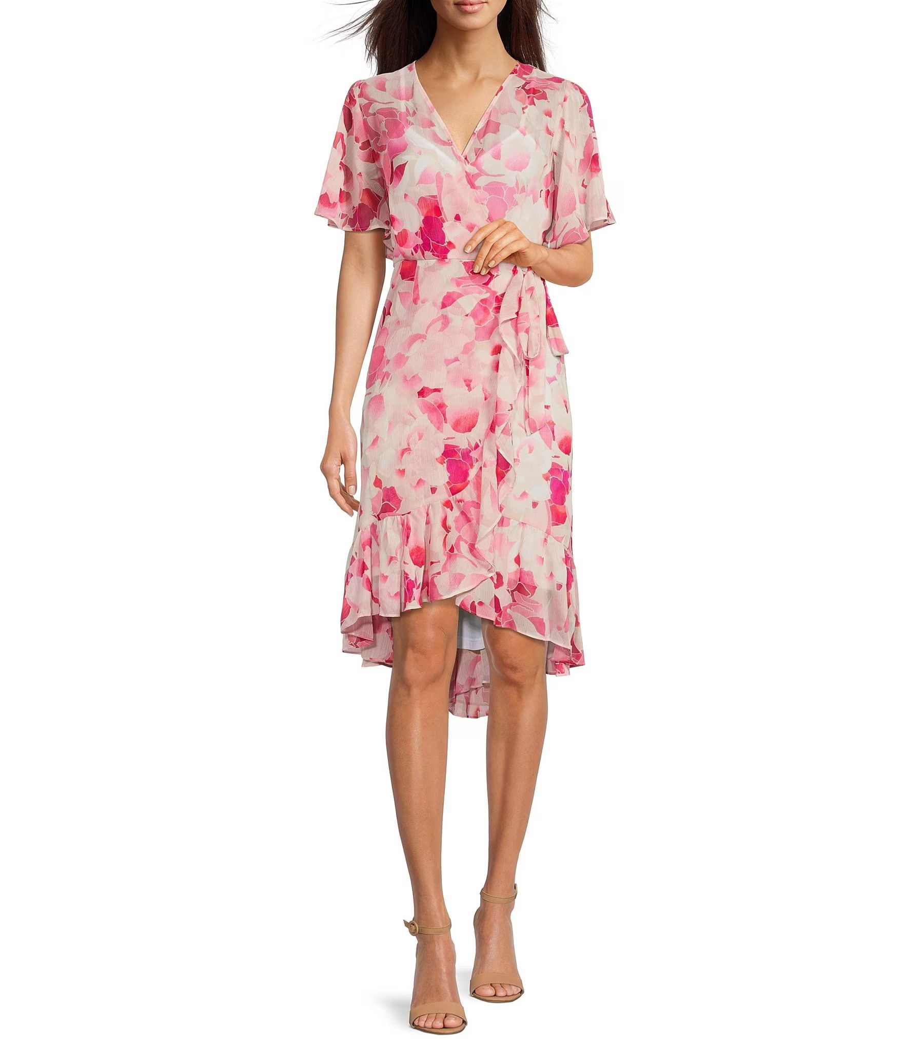 Surplice V-Neck Short Flutter Sleeve Ruffle High-Low Hem Crinkle Chiffon Faux Wrap Midi Dress | Dillard's