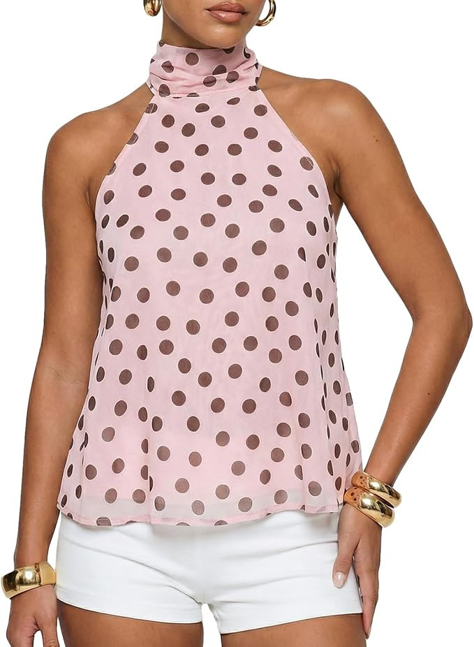 BAIGRAM Women Sleeveless Polka Dot Mesh Halter Tank Backless Flowy Peplum Tops Tie Up Scarf Mock ... | Amazon (US)