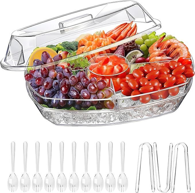 Extra Large Ice Chilled Serving Tray with Lid,Clear Fruit Platter with 4 Compartments,Shrimp Cock... | Amazon (US)