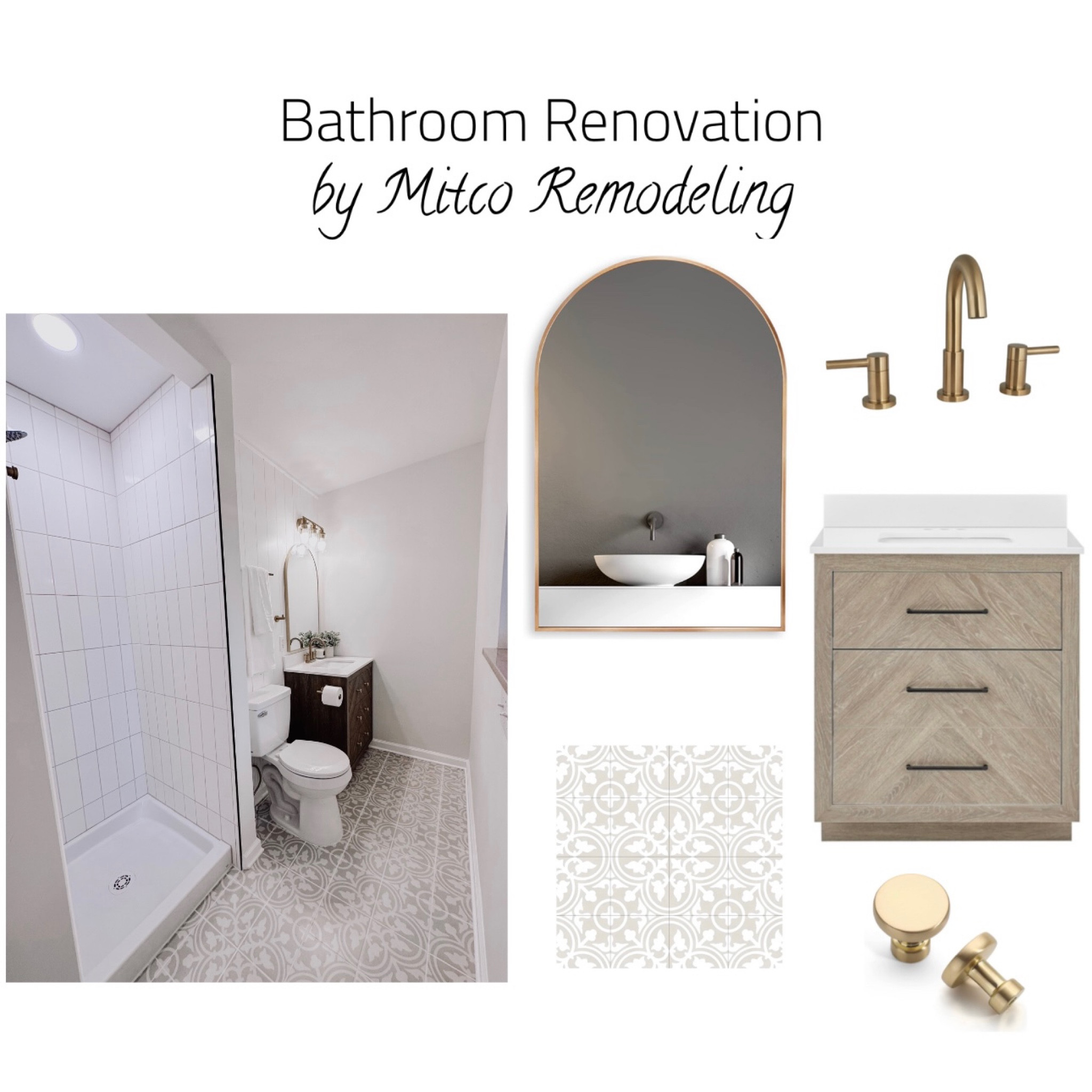 Bathroom renovation// tile // mosaic tile // shiplap // gold accents // full bath update // arch mirror // wood vanity // gold light 

#LTKhome #LTKunder100 #LTKFind