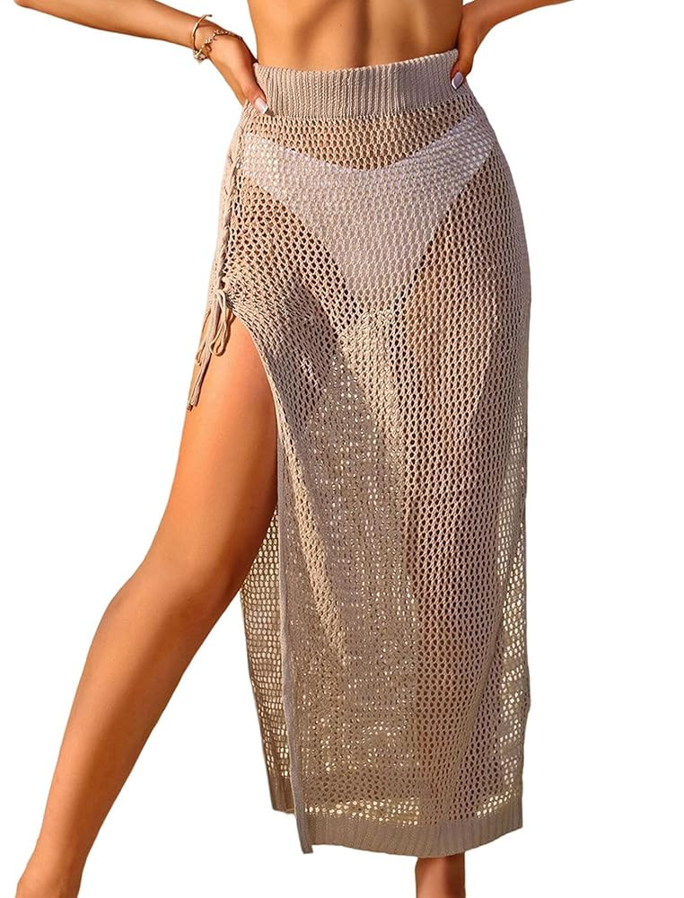 ZAFUL Women's Swimsuit Cover Up Crochet Sheer Knit Side Slit Maxi Beach Skirt Sarong | Amazon (US)