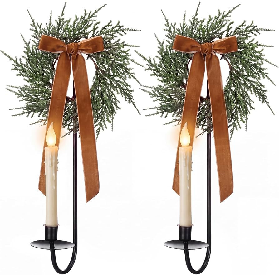 2 Set Christmas Metal Wall Candle Sconce Holder with Bow Wreath, Brown | Amazon (US)