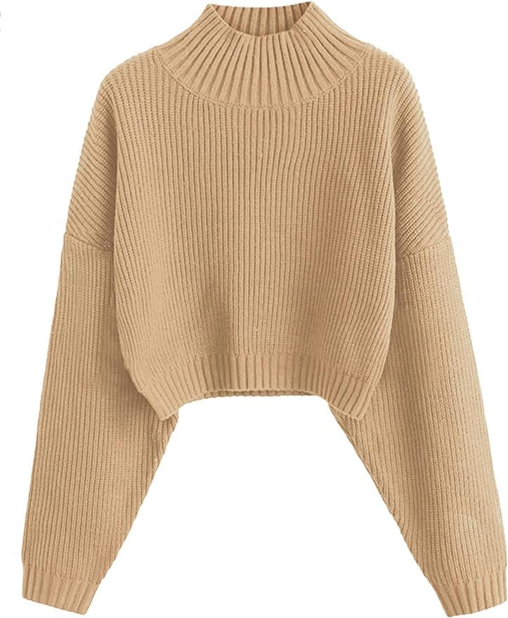ZAFUL Women's Cropped Turtleneck Sweater Lantern Sleeve Ribbed Knit Pullover Sweater Jumper (1-Ta... | Amazon (US)