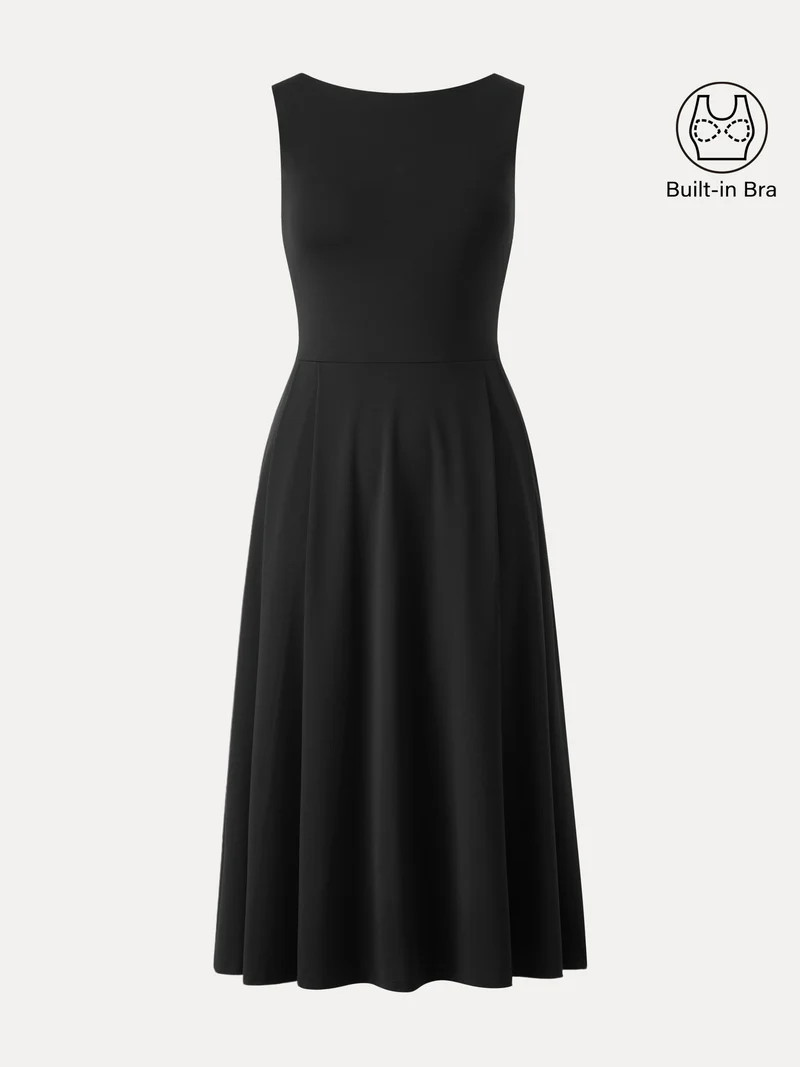 Boatneck Bamboo Ponte Bra Midi Dress with Pockets | OGLmove