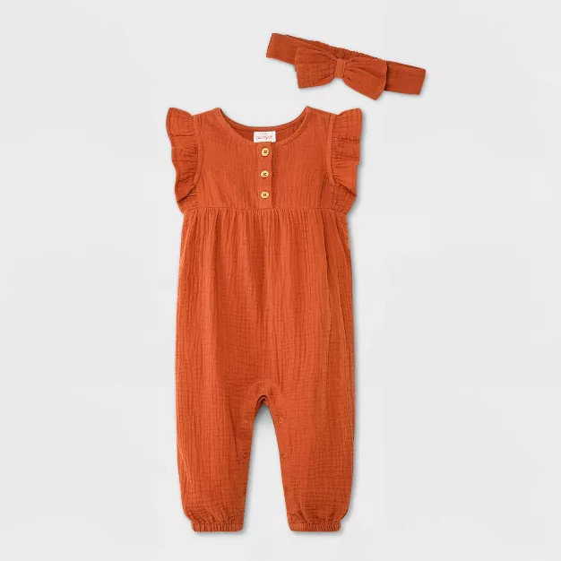 Baby Girls' Gauze Henley Short Sleeve Romper with Headband - Cat & Jack™ Rust | Target