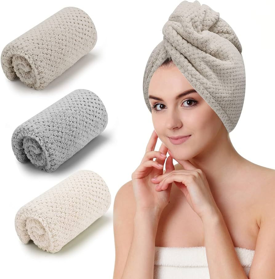 3 PCS Microfiber Hair Towel, Hair Wraps for Women Wet Hair, Fast Drying Hair Turban, Anti Frizz H... | Amazon (US)