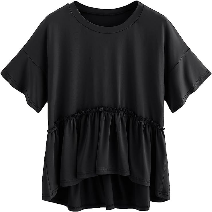 Romwe Women's Loose Ruffle Hem Short Sleeve High Low Peplum Blouse Top | Amazon (US)