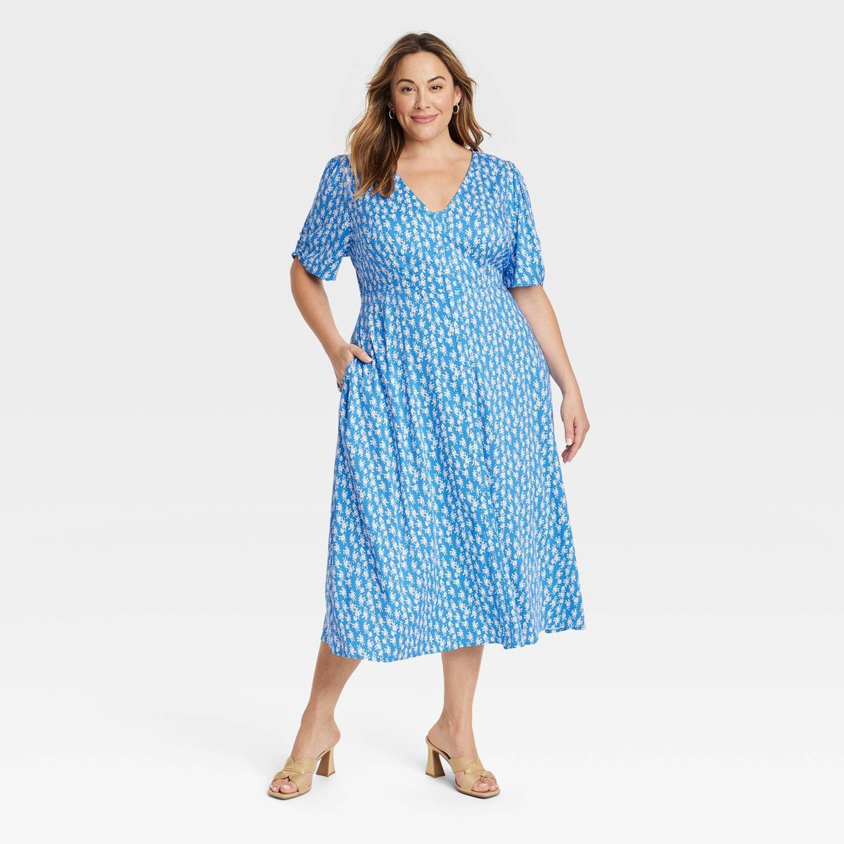 Women's Short Sleeve Button-Front Midi A-Line Dress - Ava & Viv™ Blue Floral 4X | Target