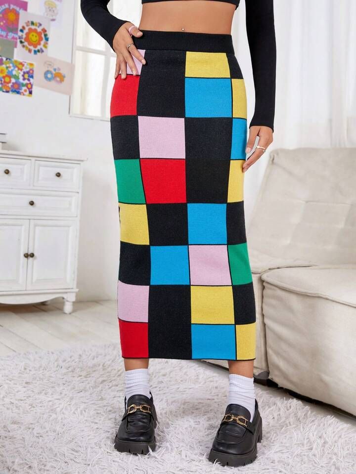 SHEIN Qutie Colorblock Plaid Pattern Knit Skirt | SHEIN