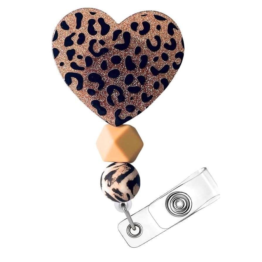 Cheetah Leopard Heart Badge Reel Holder ID Name Retractable Clip Lanyard with Cute Beaded Print B... | Amazon (US)