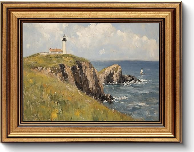 Gold Framed Wall Art - Vintage Lighthouse Canvas Art Prints Ocean Landscape Pictures Seascape Wal... | Amazon (US)