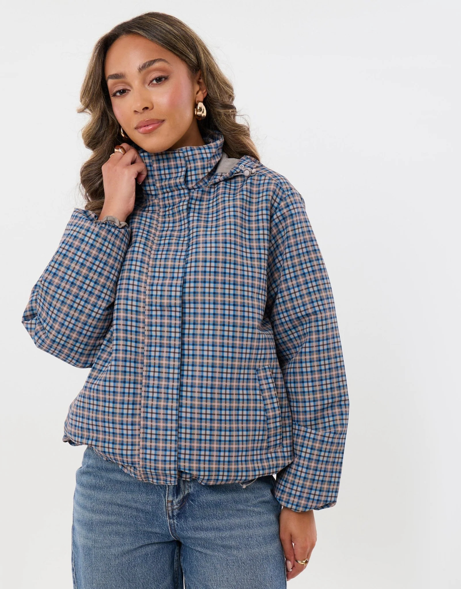 Showerproof Funnel Neck Rain Mac in Blue Check | Threadbare UK