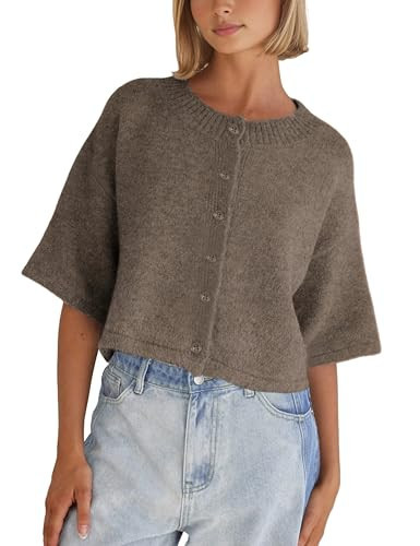 Springrain Cardigan Sweaters for Women Lightweight Knit Cropped Cardigan Button Up Solid Knitwear(Coffee-S) | Amazon (US)