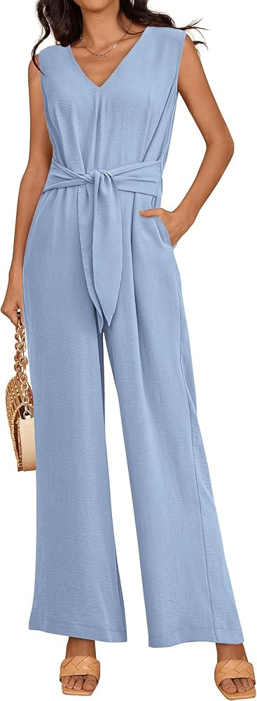 PRETTYGARDEN Summer Outfits 2025 Wide Leg Jumpsuits for Women Casual V Neck Sleeveless Belted Hig... | Amazon (US)