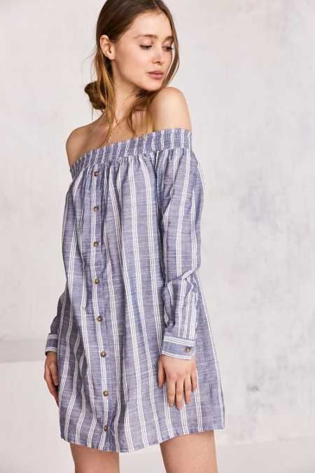 Cooperative Striped Off-The-Shoulder Button-Down Mini Dress | Urban Outfitters US