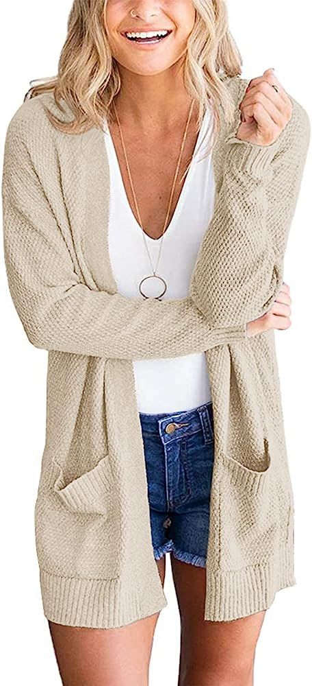 MEROKEETY Women's 2022 Long Sleeve Waffle Knit Cardigan Open Front Cozy Sweater Coat with Pockets | Amazon (US)