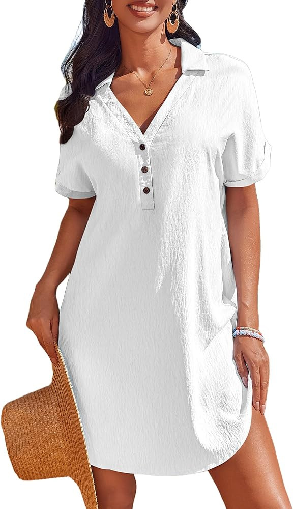 AI'MAGE Beach Cover Ups for Women Short Sleeve Swimsuit Coverup Button Down Bikini Bathing Suit C... | Amazon (US)