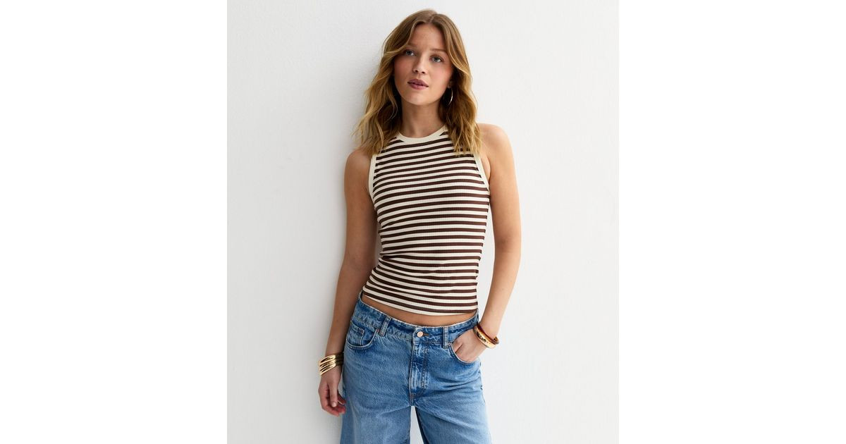 Brown Stripe Print Ribbed Tank Top | New Look | New Look (UK)