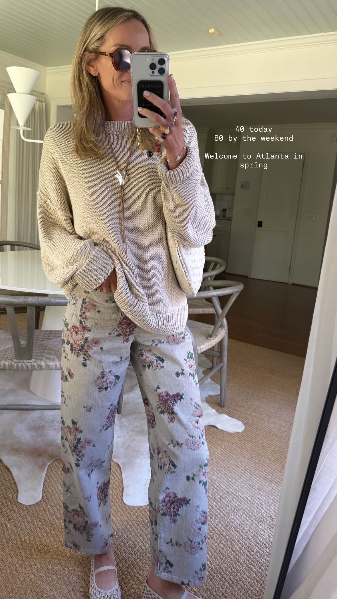 40 today
80 by the weekend 

Welcome to Atlanta in spring// love this outfit though :) size 2 jeans and L sweater! 