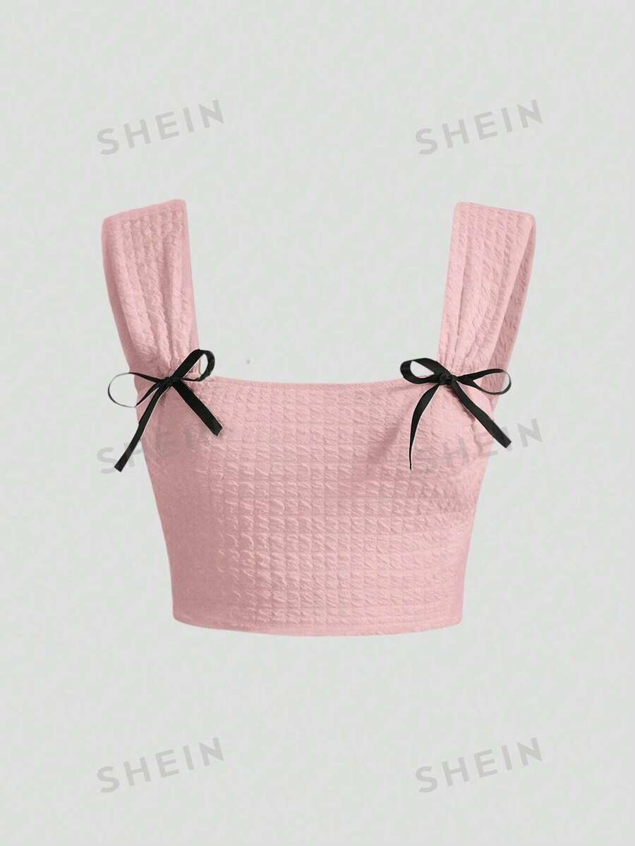 SHEIN MOD Textured Bowknot Decorated Crop Top Tank Top, Slim Fit | SHEIN