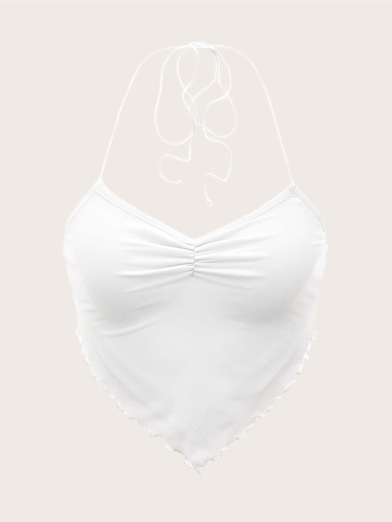 SHEIN ICON Ruched Tie Backless Hanky Hem Mesh Halter Top | SHEIN