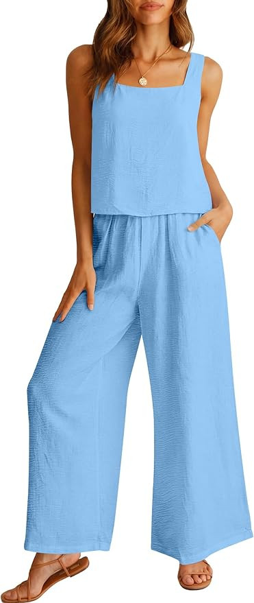 ANRABESS 2 Piece Sets for Women Outfits Lounge Matching Casual Travel Wide Leg Pants Crop Top Sum... | Amazon (US)