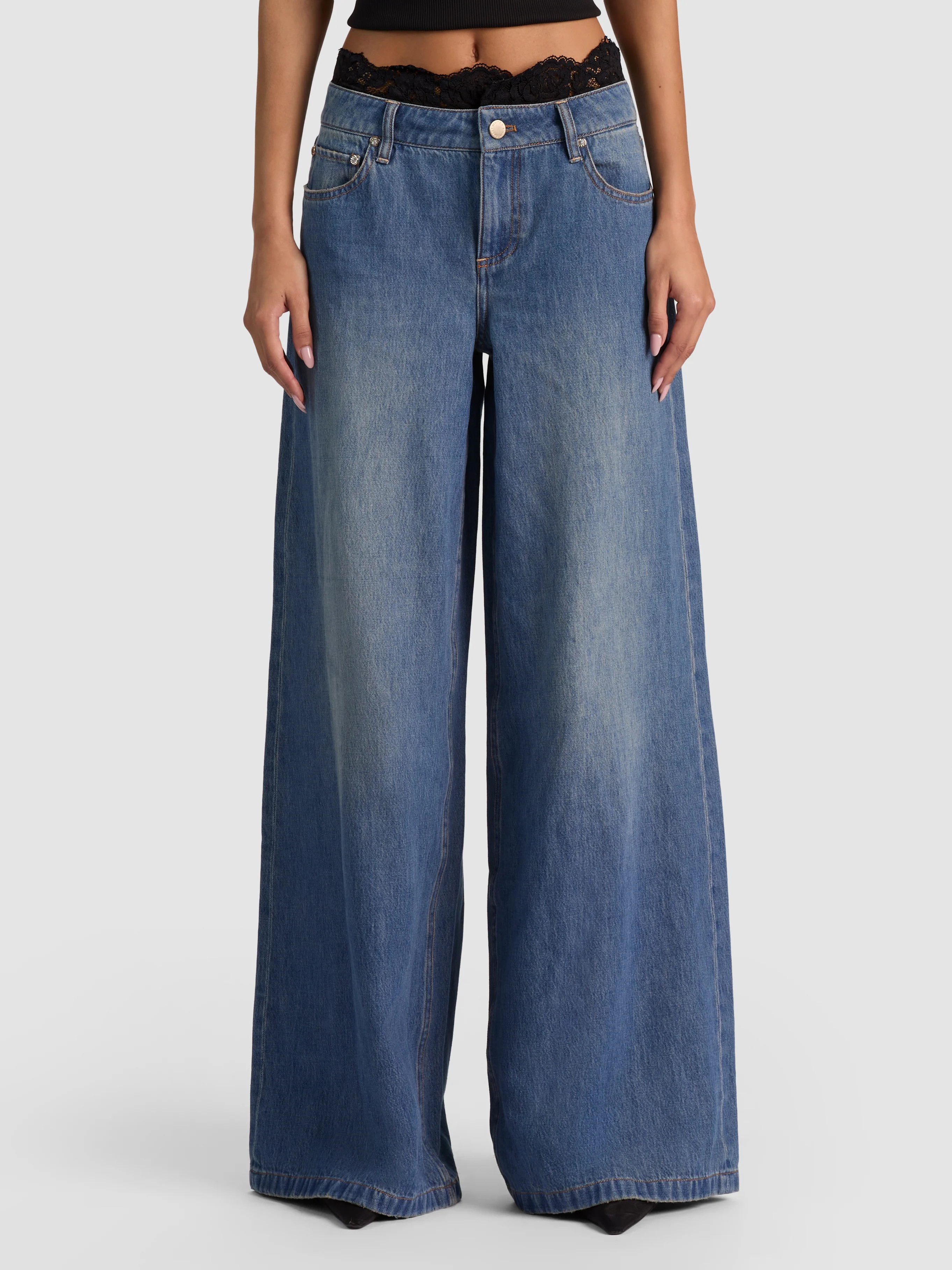 IAN LACE WB COMBO BAGGY JEAN in BROOKLYN BLUE | ALICE + OLIVIA | Alice + Olivia