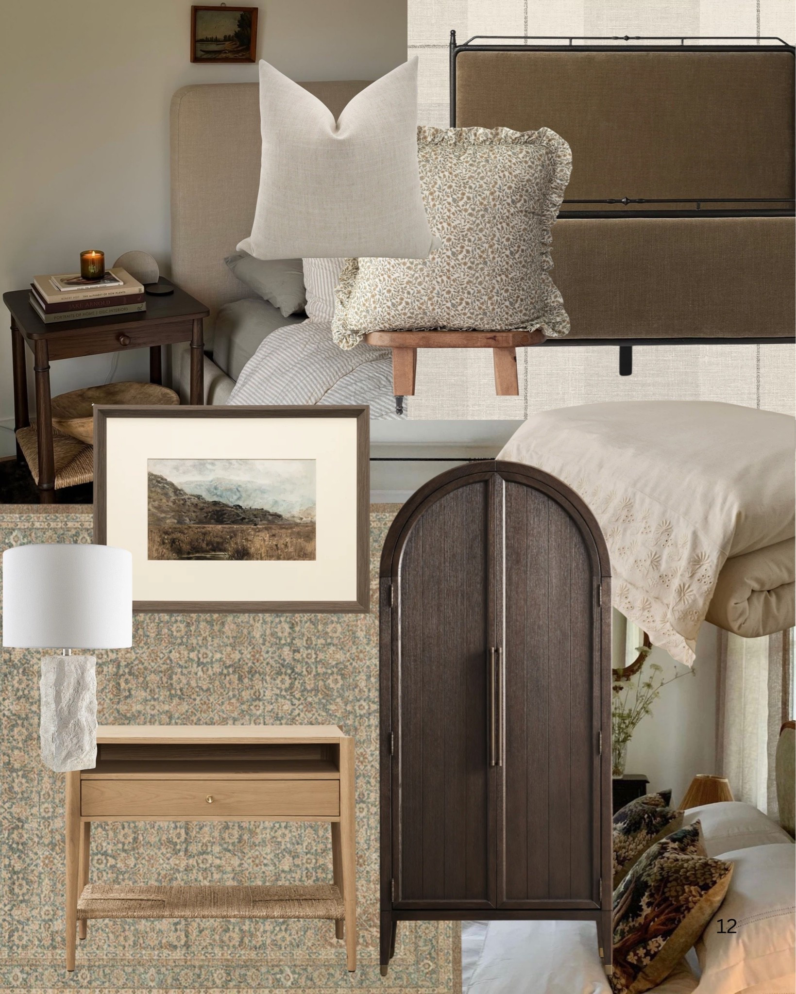 A bedroom that feels warm, layered, and completely considered ✨ 

A dark iron bed frame, a vintage-inspired rug, an arched wood armoire, a natural nightstand, a textured stone lamp, a framed landscape, and all the soft layered details that make a bedroom feel like a proper retreat. 

All linked here 🤍 

#LTKhome