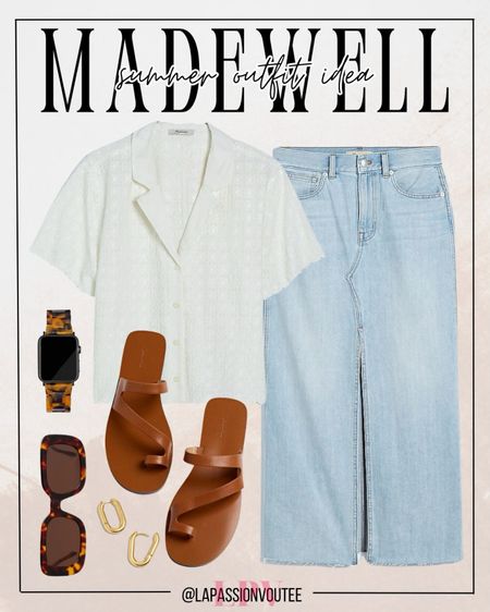 Get ready to shine this summer with our embroidered shirt paired perfectly with a denim midi skirt. Accessorize with hoop earrings, a chic watch, and stylish sunglasses. Complete the look with comfortable flat sandals for effortless style wherever you go.

#LTKxMadewell #LTKstyletip #LTKSeasonal
