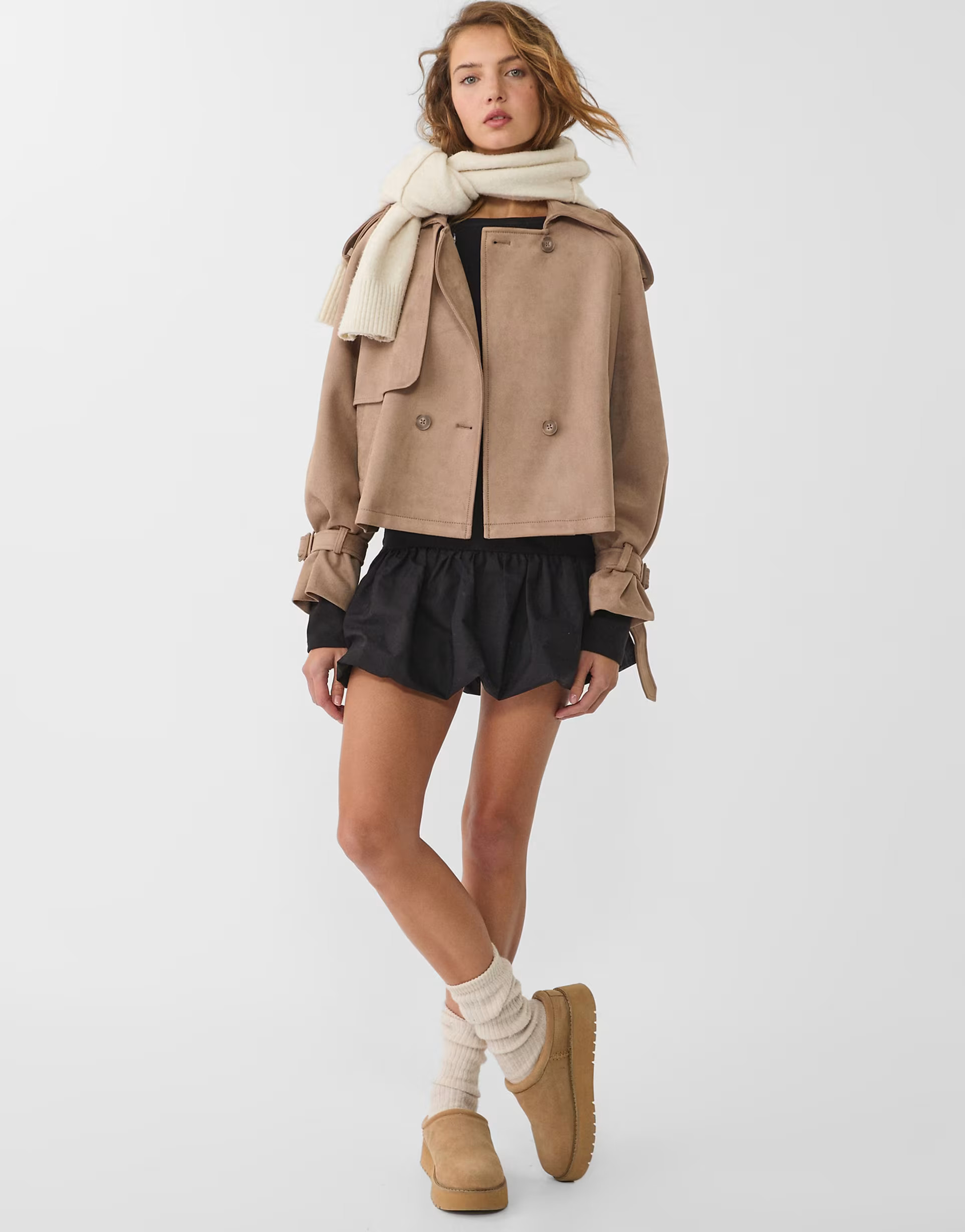 Stradivarius short faux suede trench coat in caramel | ASOS (Global)