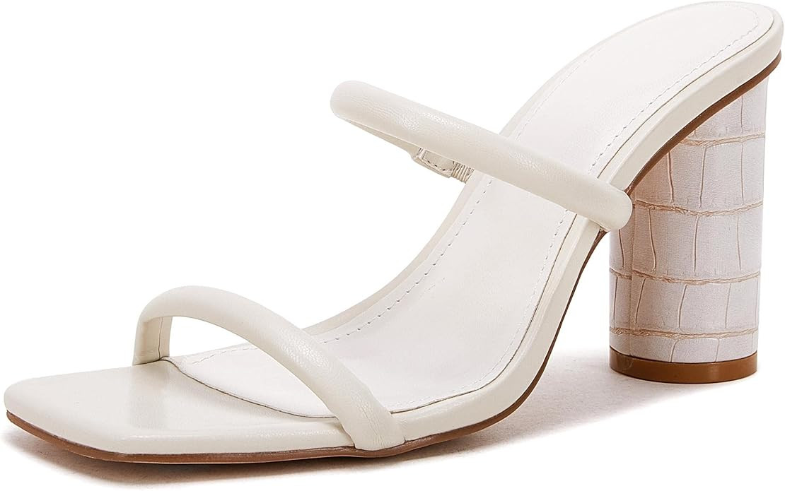VETASTE Womens Square Toe Heels Sandals Two Strap Chunky Round Heel Mule Sandals Backless Party D... | Amazon (US)