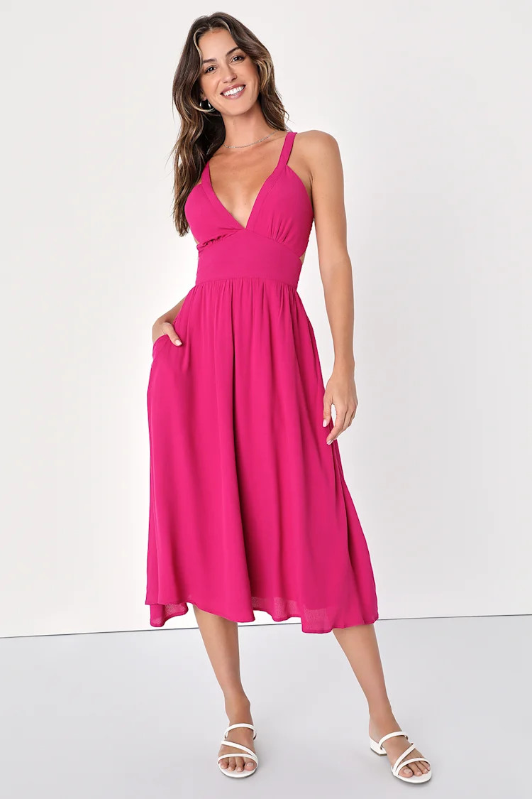 Bold New Look Magenta Tie-Back Midi Dress With Pockets | Lulus
