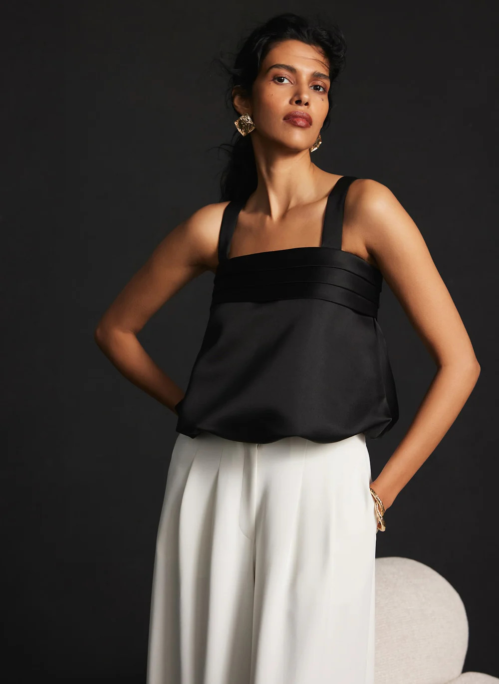 Black Satin Pleat Detail Top | Mint Velvet