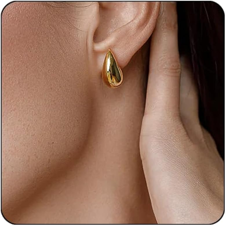 Small Teardrop Gold Chunky Earrings for Women,Thick Hoop Hypoallergenic Earring Water Drop Earrin... | Amazon (US)