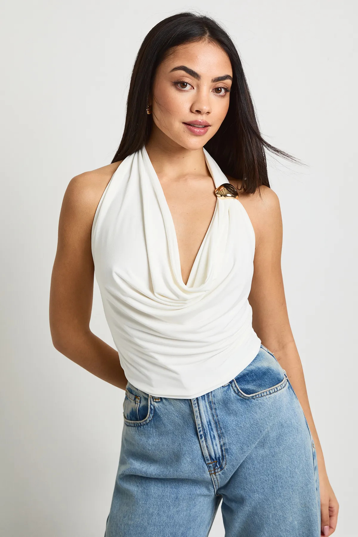 Cream Cowl Neck Trim Halter Top | Boohoo USA | boohoo (US & Canada)