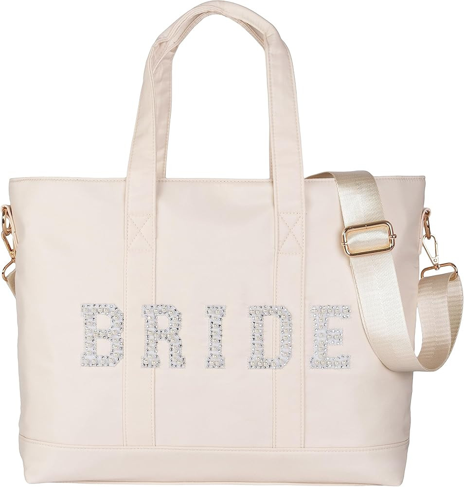 State of Bliss BRIDE Cream Designer Dupe Tote with White Pearl BRIDE Patch Letters | Bride to Be ... | Amazon (US)