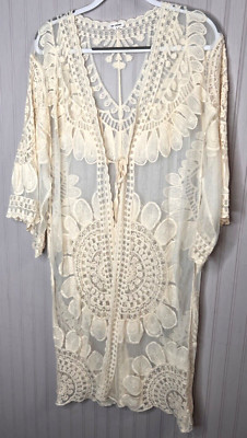 En Creme Women DUSTER KIMONO S Boho Chic Ivory Floral Lace Tie Elegant Generous | eBay US